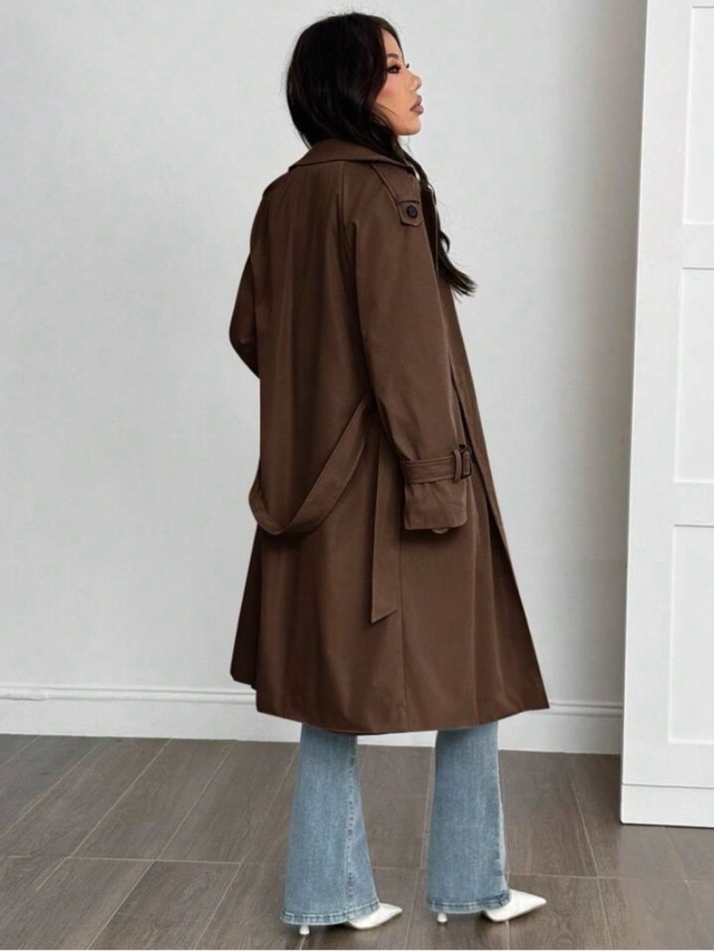Women's Brown Double-Breasted Trench Coat with Belt - Picture 3 of 3